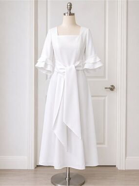 Giovanna Signature White Satin A-Line Midi Dress Ruffle Sleeve Size 8 NWT